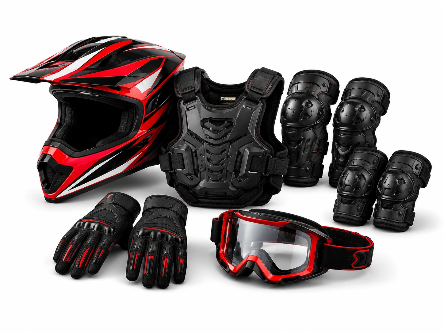 Kit completo com capacete, colete, luvas e proteções